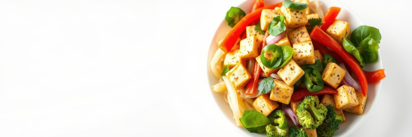 Healthy tofu stir-fry with colorful vegetables served on a white plate